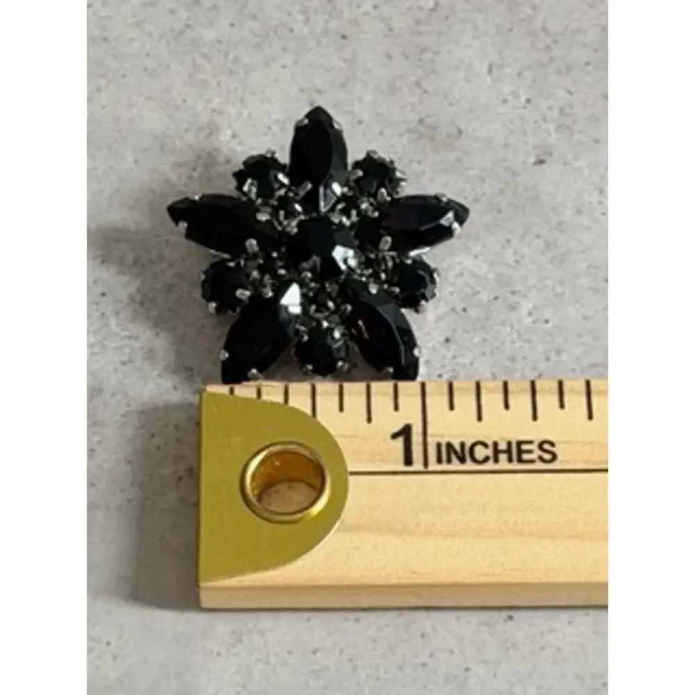 Vintage Black Rhinestone Floral Starburst Brooch Silver Tone Statement Pin